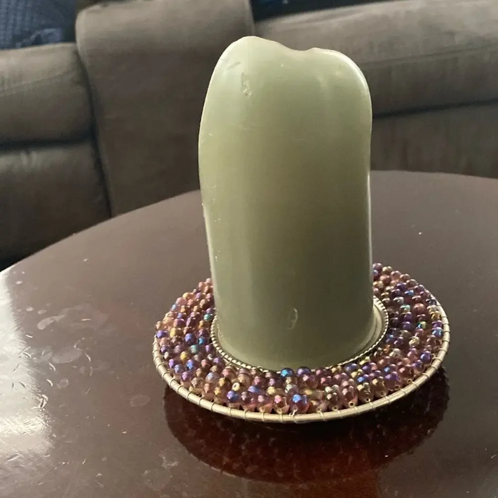 Vintage pier 1 hammered‎ steel and purple glass bead pillar candle holder
